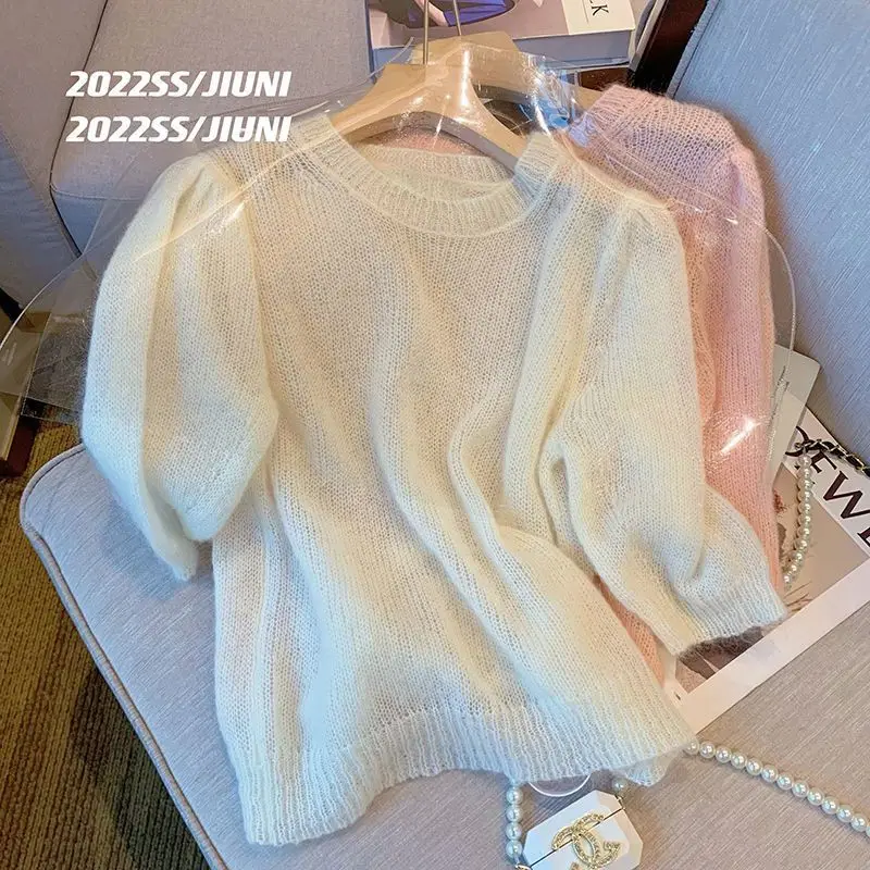 Pink Short Sleeve Thin Knitted T-shirt For Women Spring/summer 2023 New Short Korean Sweetheart Top