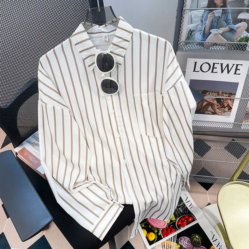 Women Clothing Temperament Striped All-match Blouse Spring New Polo Neck Long Sleeve Loose Vintage Shirt Tops Fashion Casual