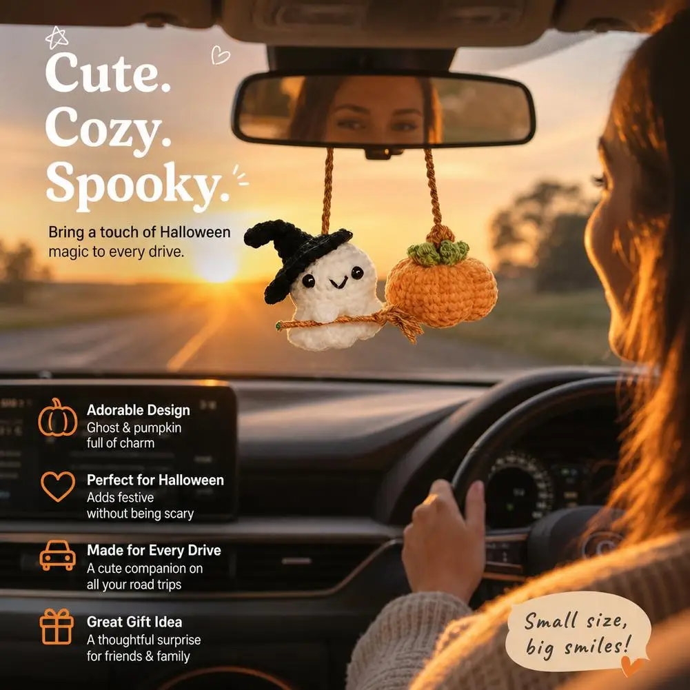 Halloween Car Pendant Crochet Ghost Pumpkin Rearview Mirror Hanging Ornament Handmade Knitted Auto Charm Cute Holiday Gifts