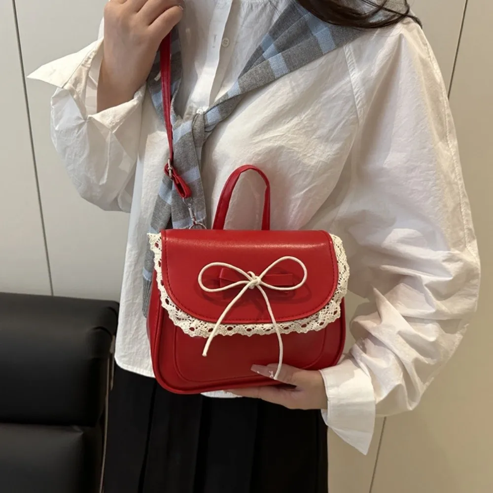 Mini mochila con lazo de encaje a la moda, bolso de cuero PU Kawali de estilo coreano con asa, bolso de hombro cuadrado para estudiantes