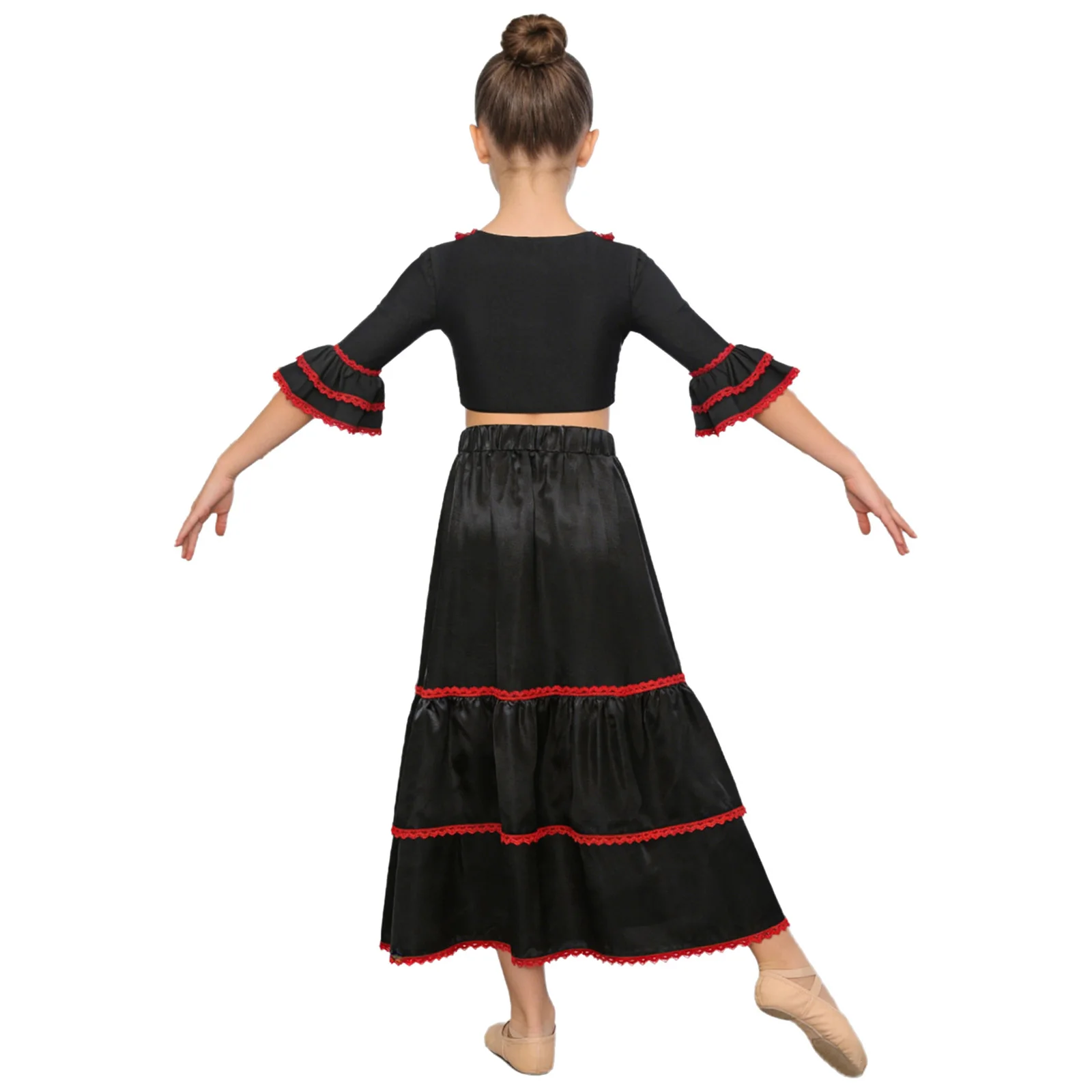Girls Spanish Flamenco Gypsy Costume Ruffle Half Sleeves Crop Top And Satin Tiered Skirt Ballroom Dance Outfit Stage Performance