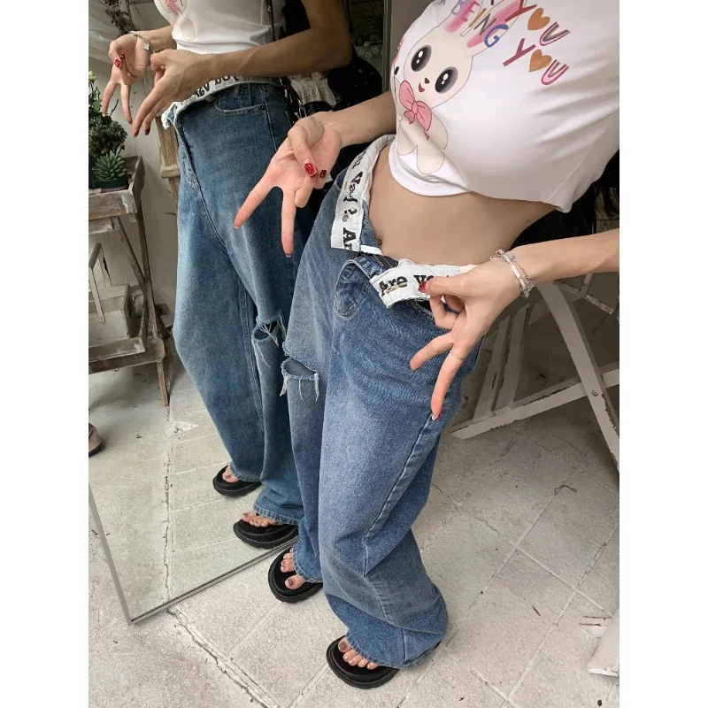 

Vintage Letter Print Frayed Hole Washed Jeans Women 2024 Spring New Streetwear Contrast Color Patchwork Denim Wide Leg Pants