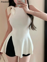 Side-slit Women Dresses Slim Breathable Summer Sleeveless Bandage Skin-friendly French Style Office Lady Noble Rtetro Cozy Sexy