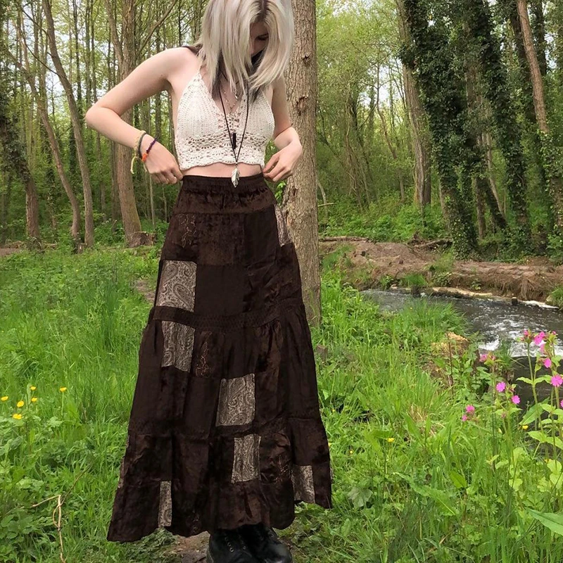 Women Ladies Long Summer Skirt Printed Boho Style Grunge Fairycore Retro Skirt Kawaii Holiday Brown Pleated Elegant Skirts