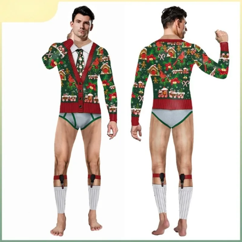 新年の視覚的インパクト クリスマスジャンプスーツ 3Dプリント長袖コスチューム テーマパーティーのいたずらや楽しみのために