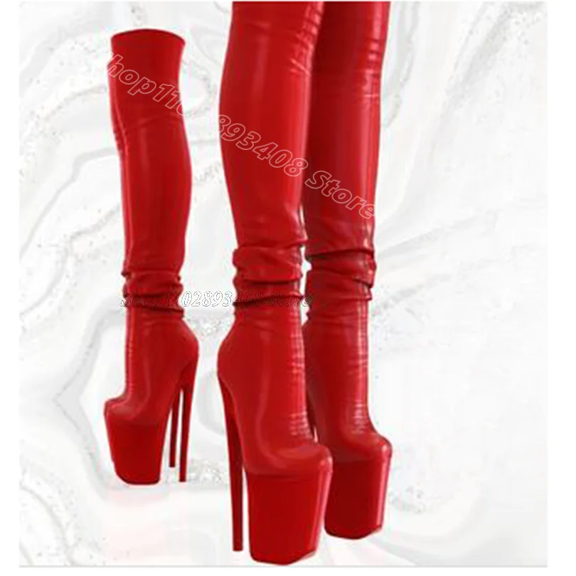 Red Platform Stiletto Pleated Boots Round Toe Solid British Style Party Dance Women Over Knee Boots 2024 Zapatos Para Mujere