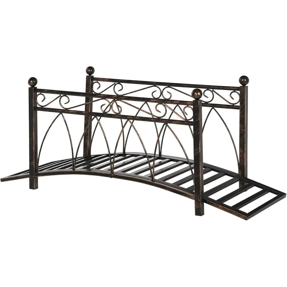 

3.3' Metal Zen Garden Bridge with Side Rails, Scrollwork, and Spheres for Pond, Bronze