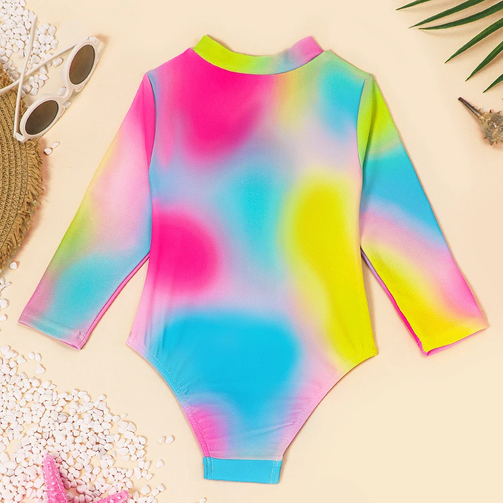 Toddler Baby Girls One Piece Swimsuits Kids Long Sleeve Jumpsuit Tie Dye Bathing Suit Swim Shirts Summer Beach Wear