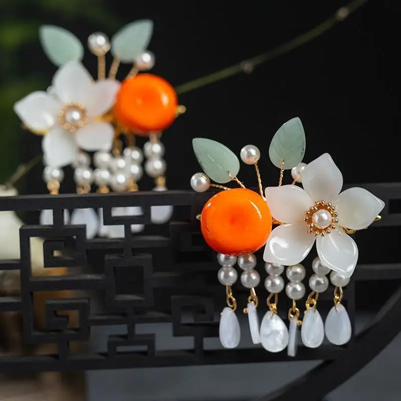 

Традиционные китайские заколки для волос Hanfu, оранжевые заколки для волос с кисточками, милые аксессуары для волос в древнем стиле для девочек