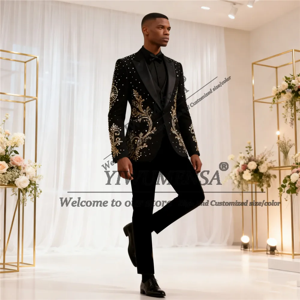 

Мужские костюмы с блестящими кристаллами и бисером на свадьбу, комплекты из 3 предметов, деловой наряд для вечеринки, индивидуальные смокинги для банкета жениха