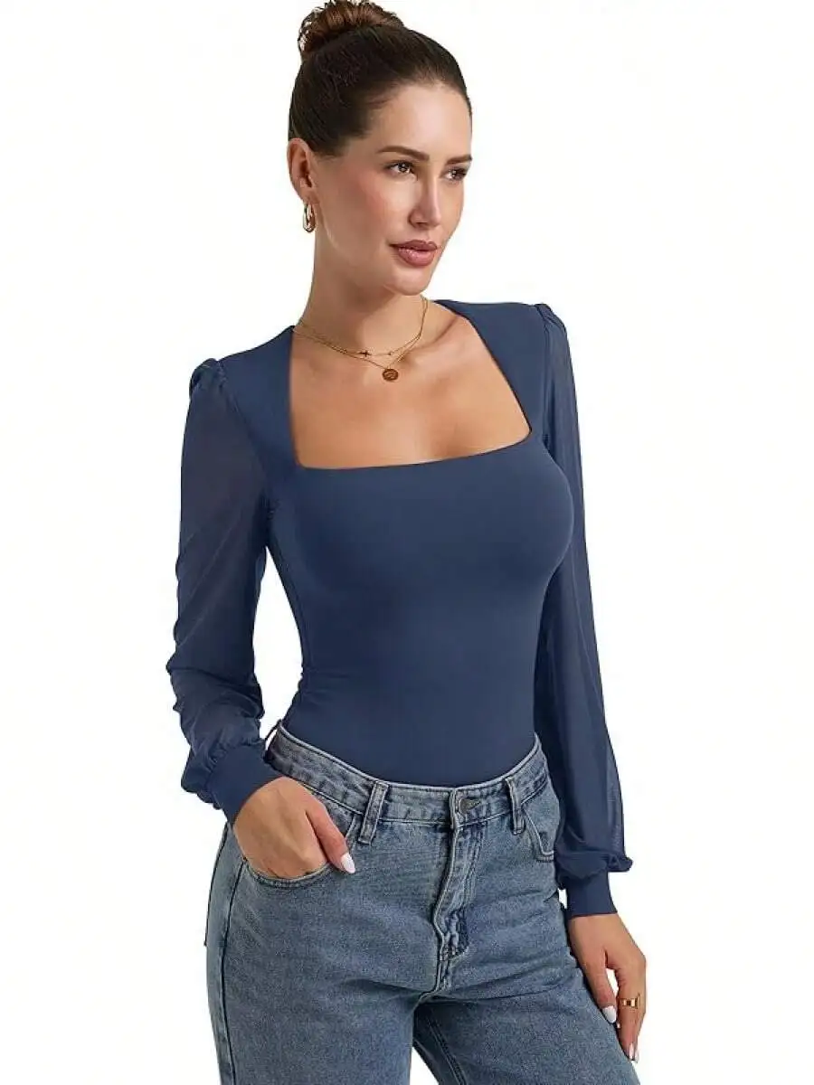 Square Neck Double Lined Mesh Long Sleeve Bodysuit For Going Out