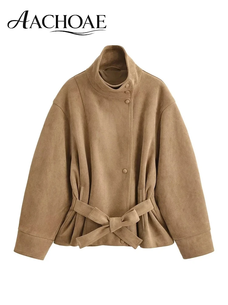 AACHOAE Women Faux Suede Jacket Belted Waist Loose Fit Short Coat Long Sleeve Vintage Casual Elegant Autumn Spring Outerwear
