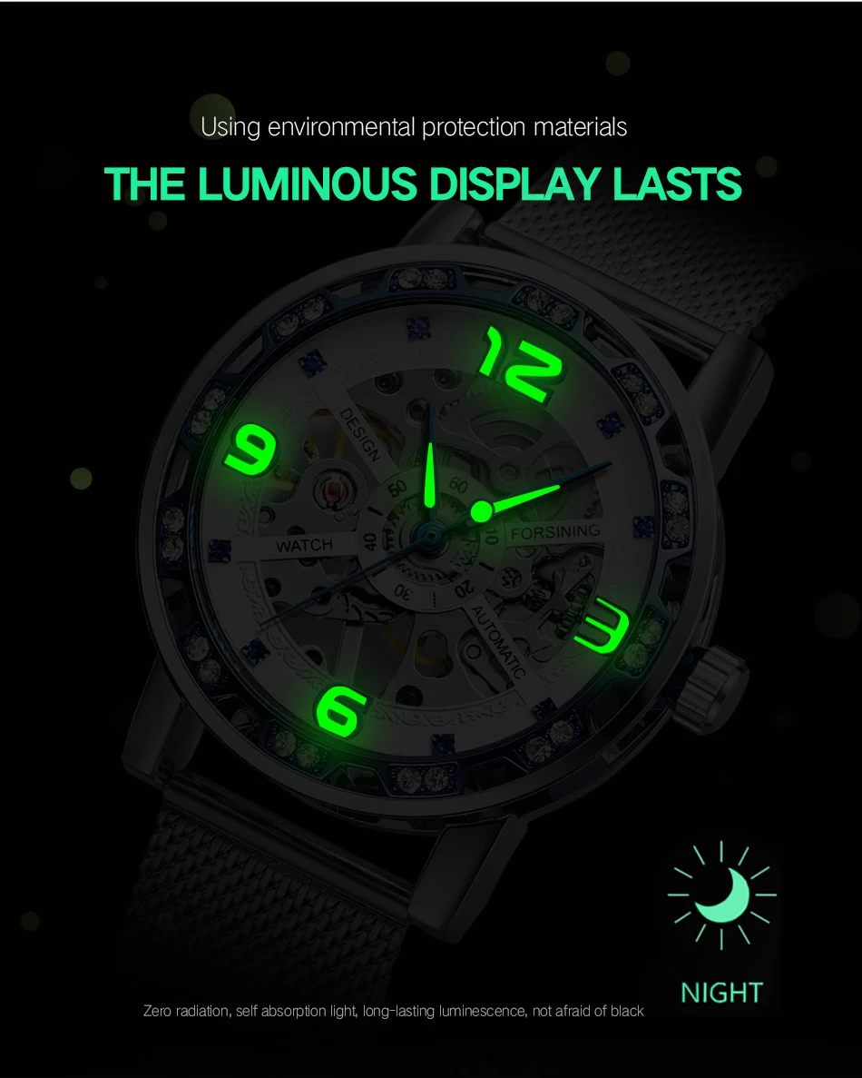 Forsining Fashion Diamond Golden Sliver Skeleton Mechanical Watch Stainless Steel Mesh Luminous Men Watches Business Wristwatch