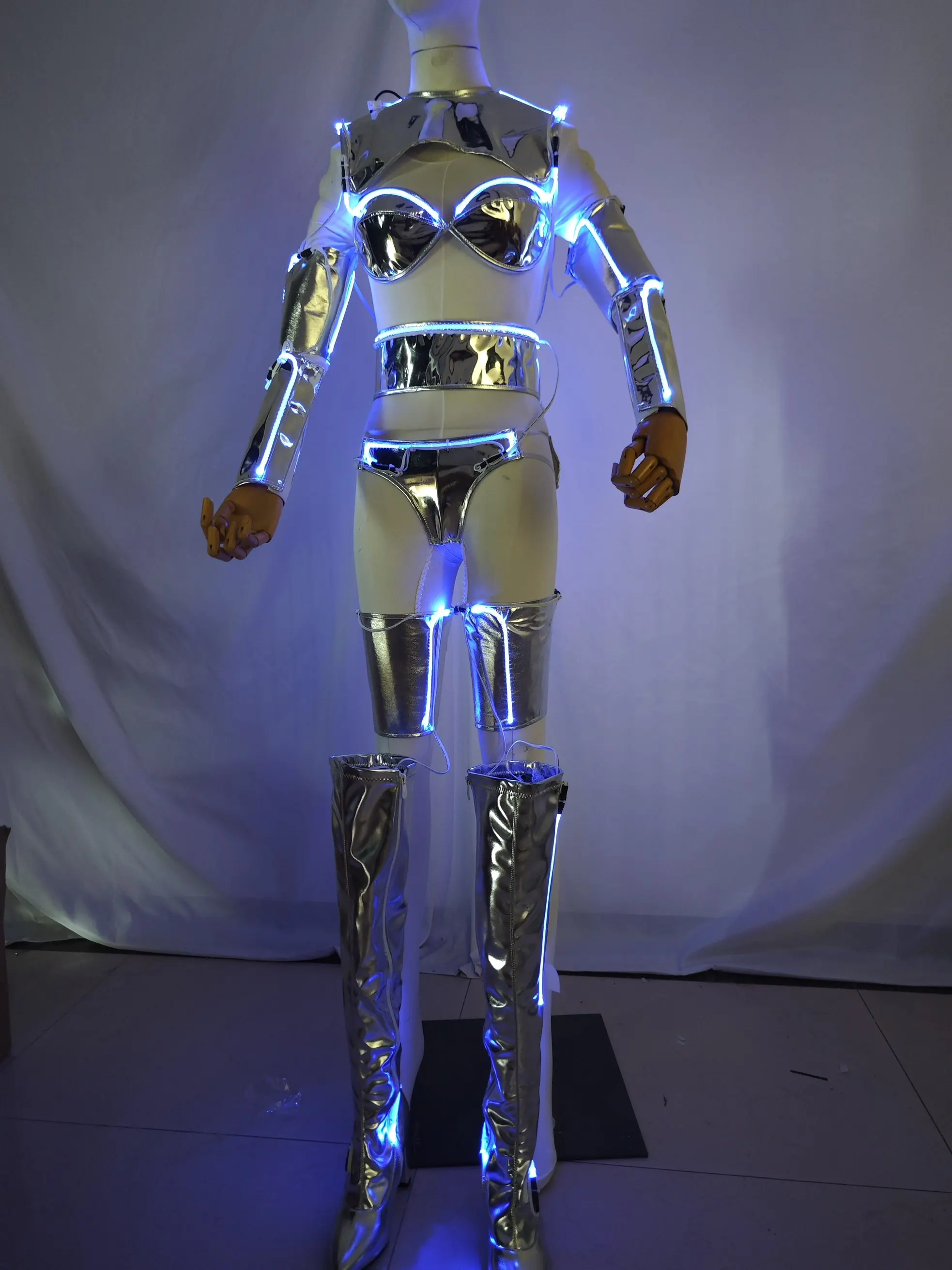 Cyberpunk Rave Wear Metallic Zilver Futuristisch Kostuum LED Licht Clubwear Dansjurk Feestvoorstelling Halloween Cosplay