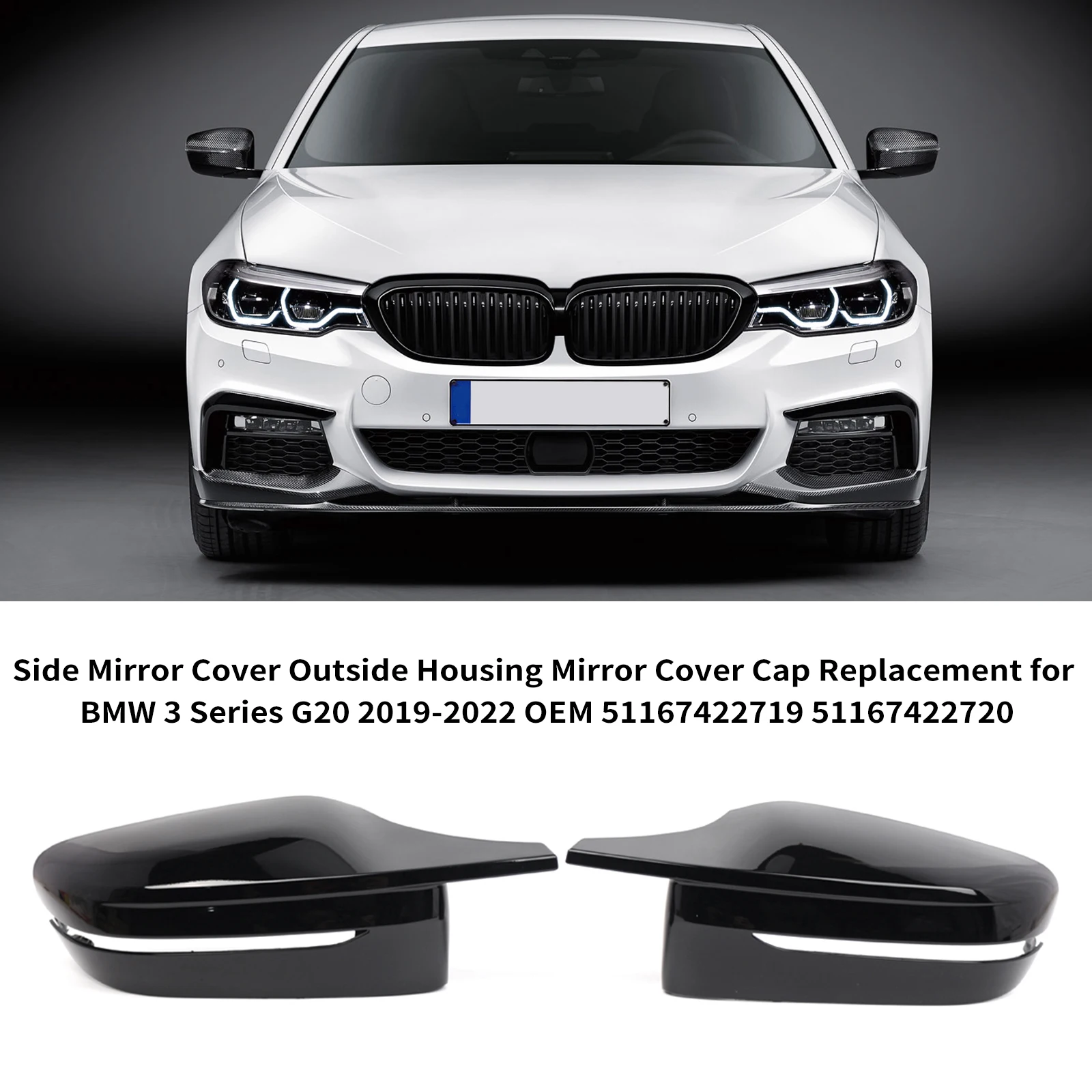 Side Mirror Cover Outside Housing Mirror Cover Cap Replacement for BMW 3 Series G20 2019-2022 OEM 51167422719 51167422720