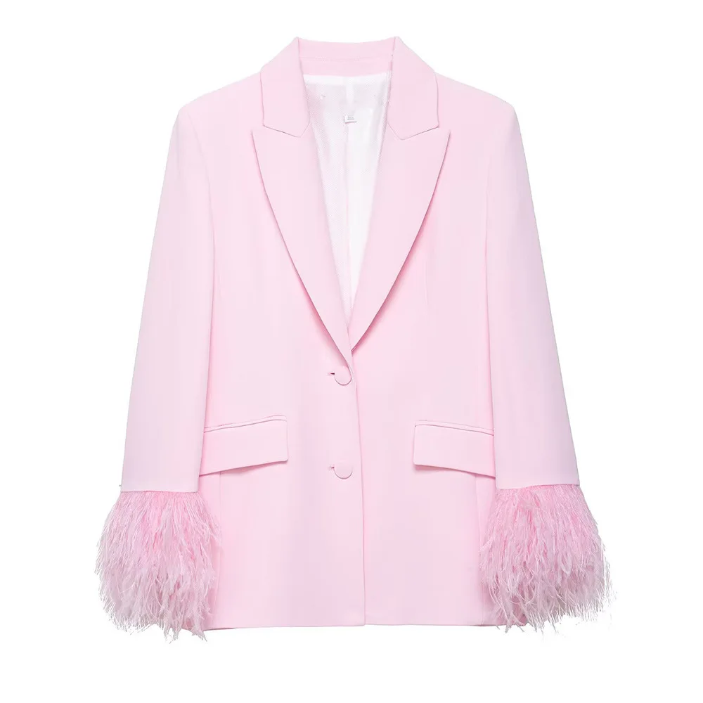 

Faionable Women's Suit Set with Feather Trim Cuff Pink Suit Jaet Straight Leg Pants New Arrival Commute Sle Pure Color
