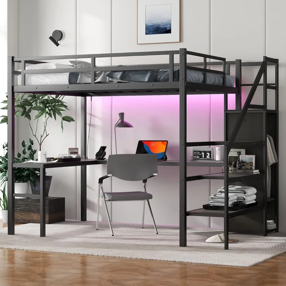 Full XL Size Loft Bed with Desk and Wardrobe, Metal Heavy Duty Loft Bed Frames with Storage Stairs, LED Lights, Charging Station