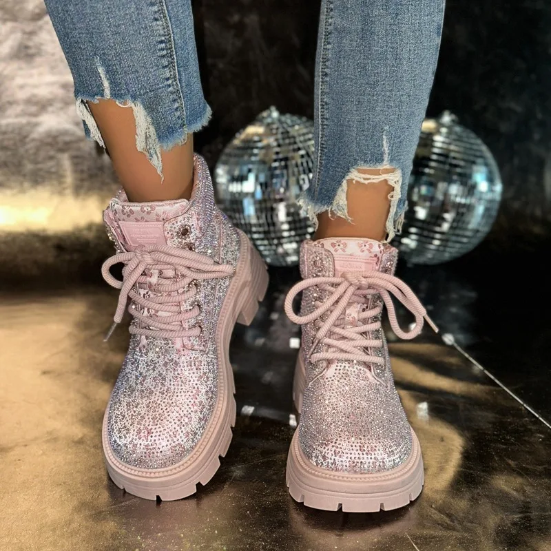 

2025 Hot Seller Retro Booties Fall Winter New Rhinestone Lace-up Round Toe Platform 35-43 Plus Size Women's Shoes