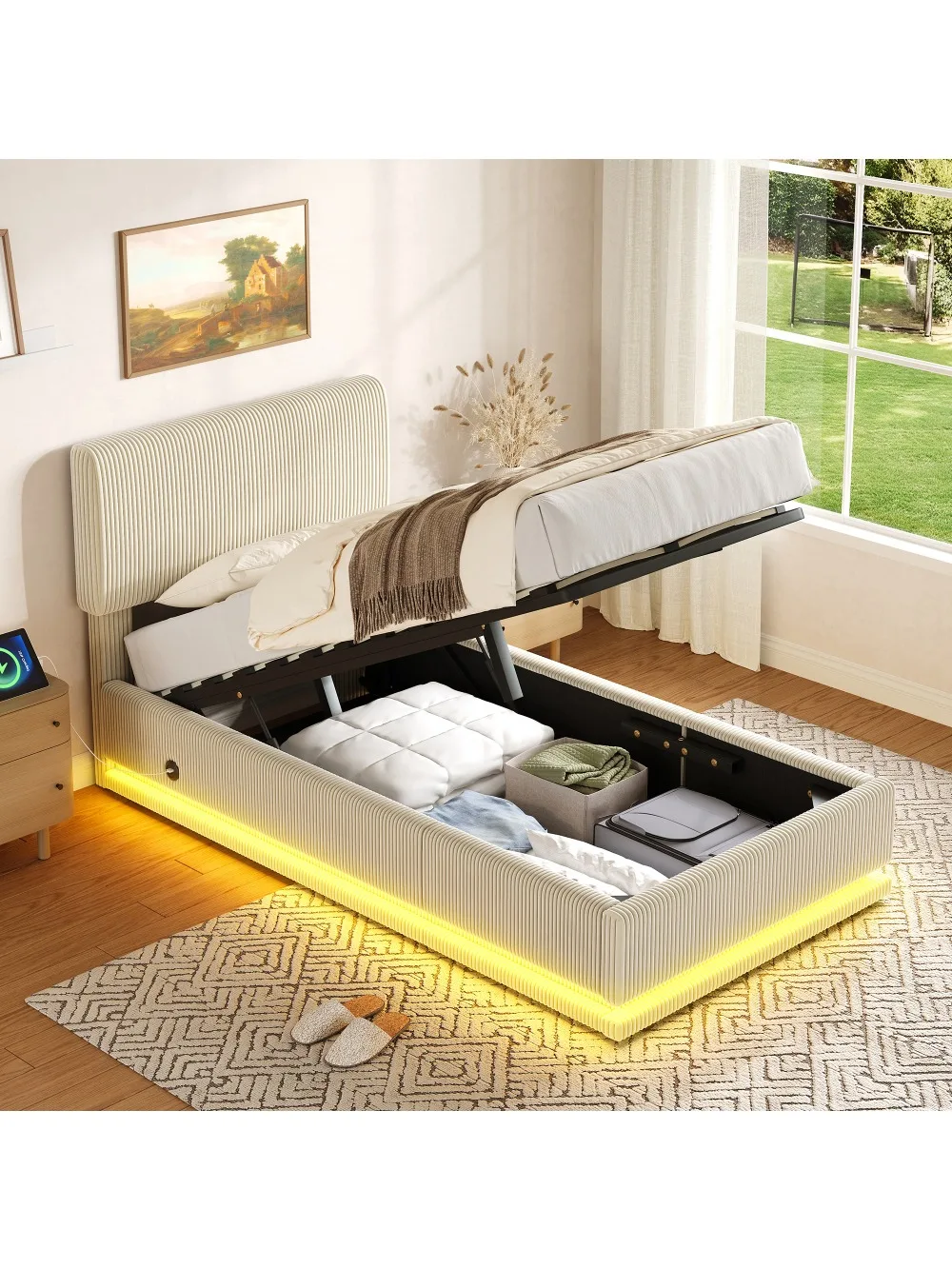Moderne gestoffeerde bedden met LED-verlichting en USB-C oplaadfunctie, in hoogte verstelbaar hoofdeinde, opbergruimte onder het bed - afbeelding 2