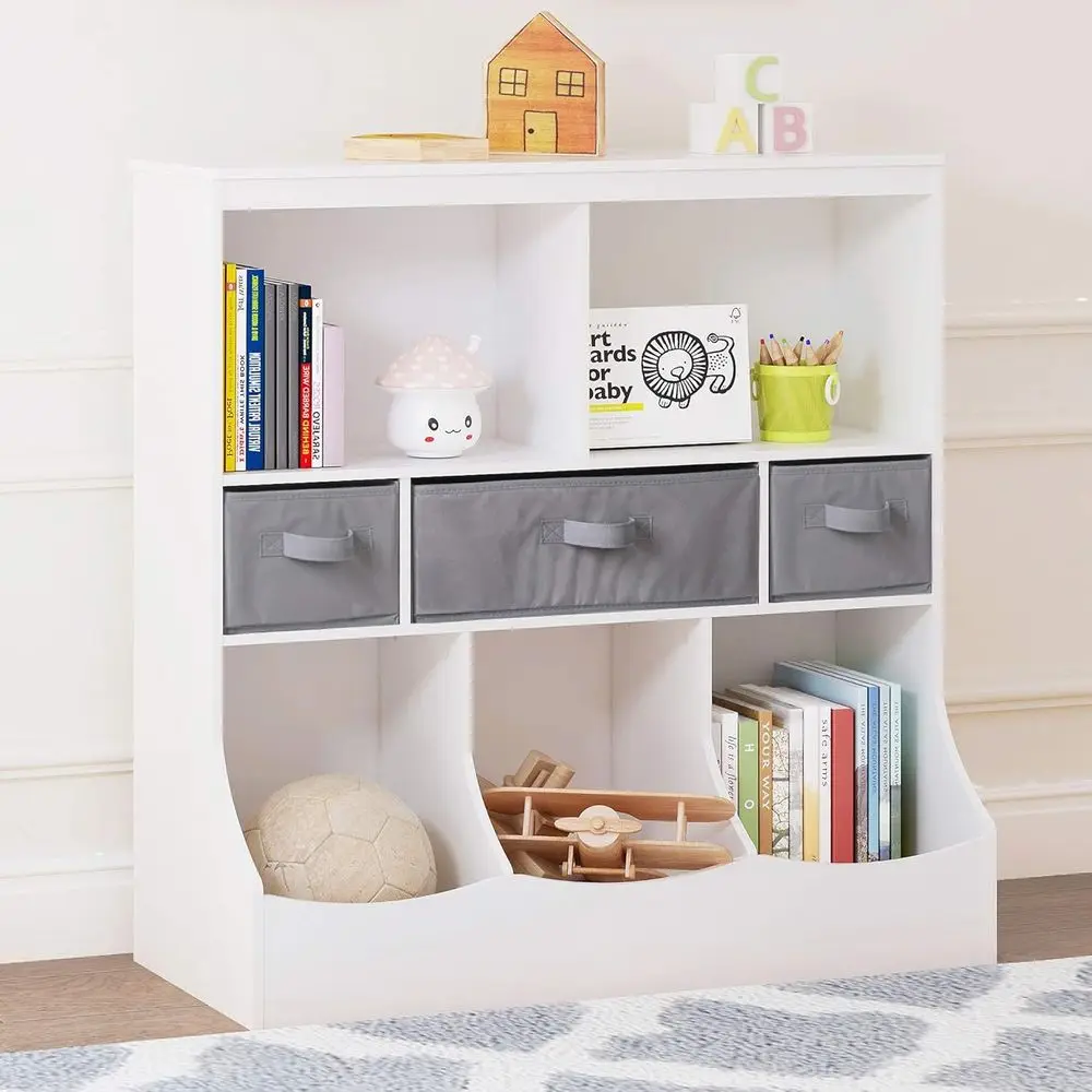 

8-Cubby Bookcase with 3 Baskets, White Toy Storage Organizer