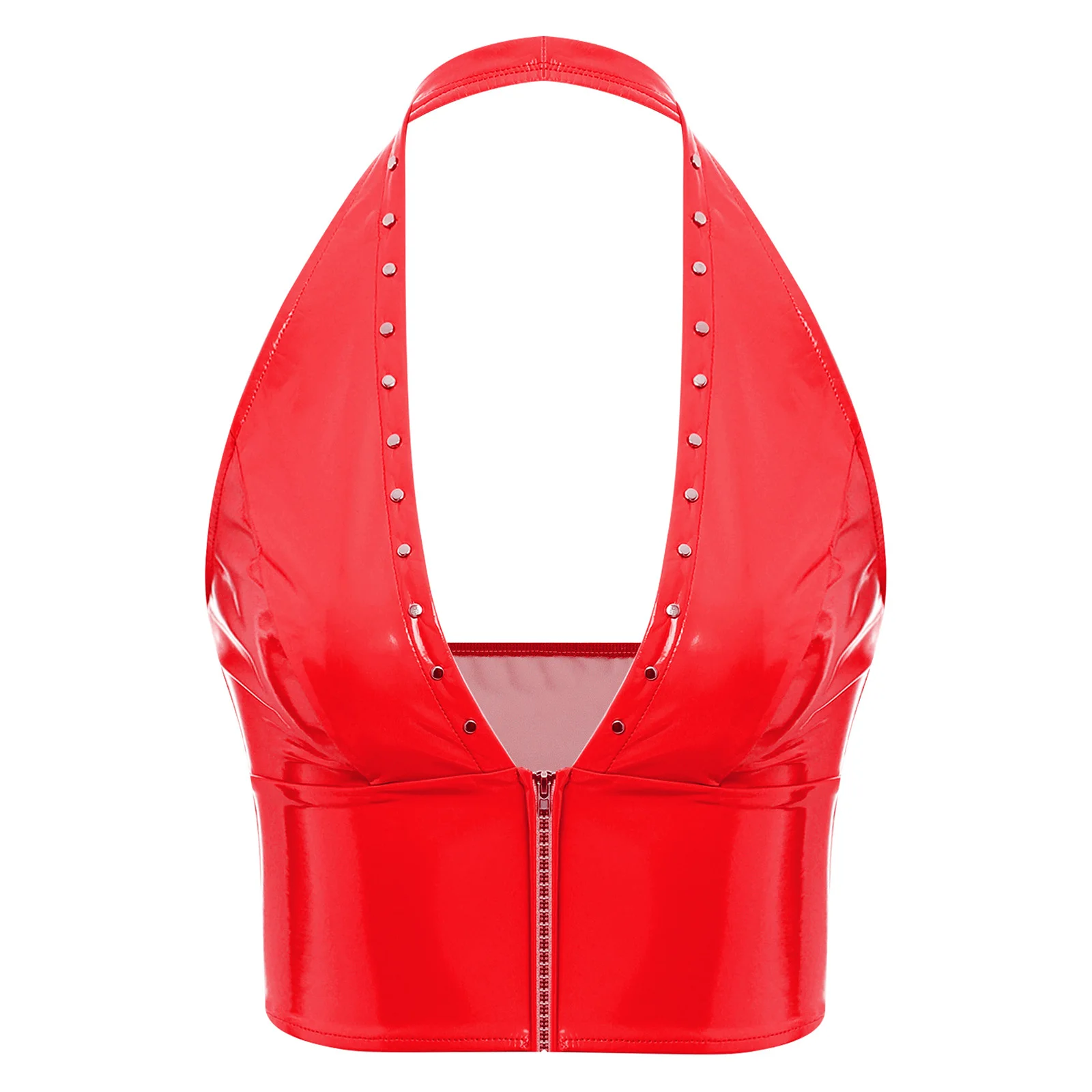 Women Wet Look Patent Leather Crop Tops Vest Nightclub Costumes Punk Rivets Halter Tank Top Camisole Raves Dance Party Clubwear
