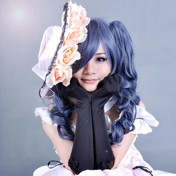 Qqxcaaw Cosplay Panjang Bergelombang Pirang Campuran dengan 2 Ekor Kuda 60 Cm Wig Rambut Sintetis