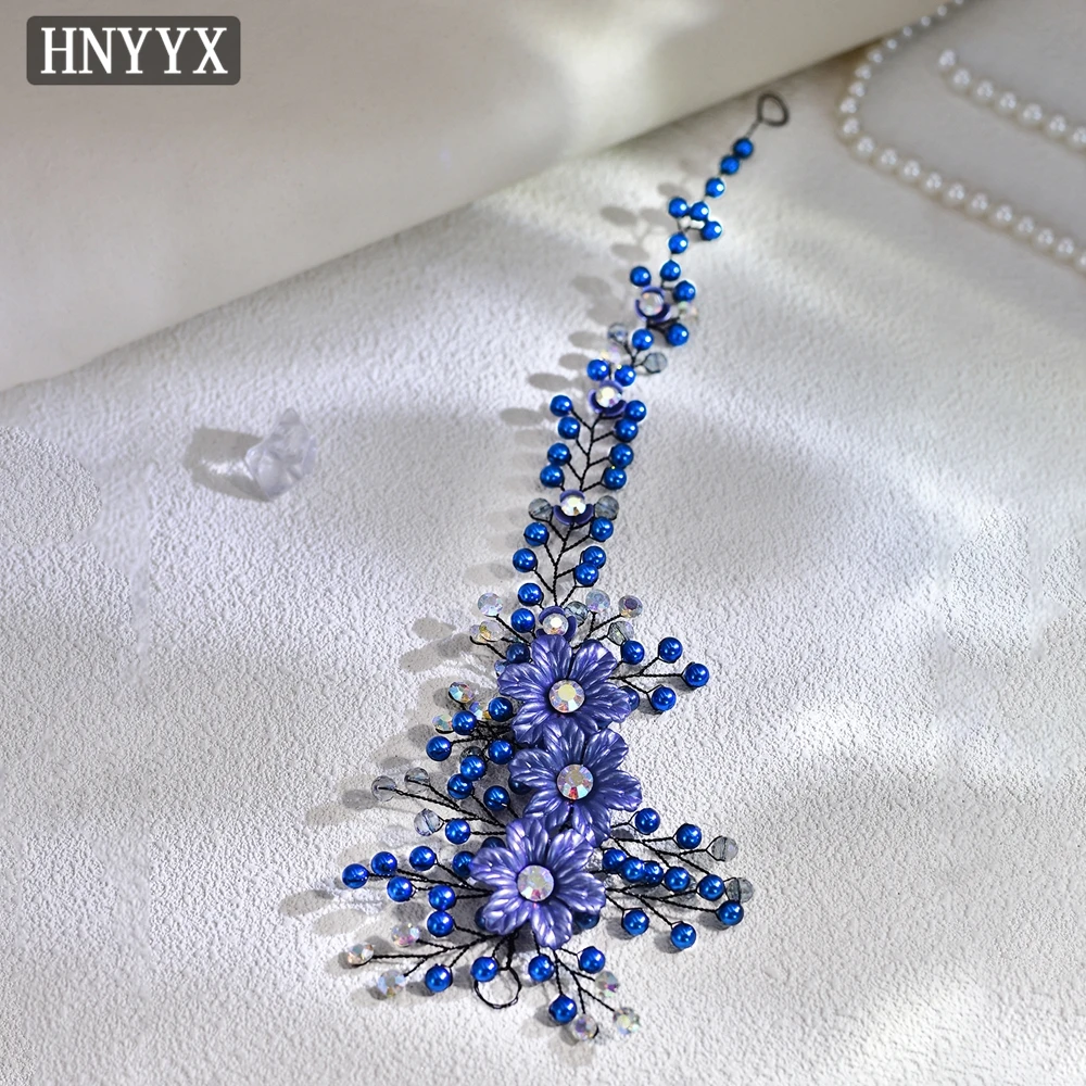 HNYYX Luxury Wedding Bridal Belt Sparkling Crystal Flower Belts for Elegant Women Dress Prom Blue Pearl Sash SA224