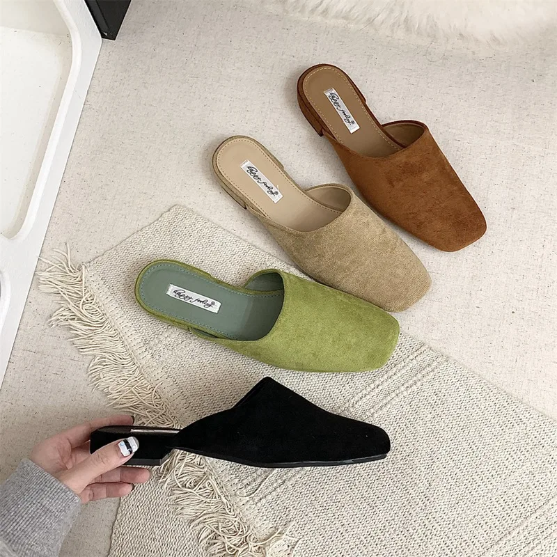 

Luxury Suede Sandals Women Summer Sexy Square Head Strange Low Heel Slide Sandals Chunky Heel Elegant Design Mule Slippers Women