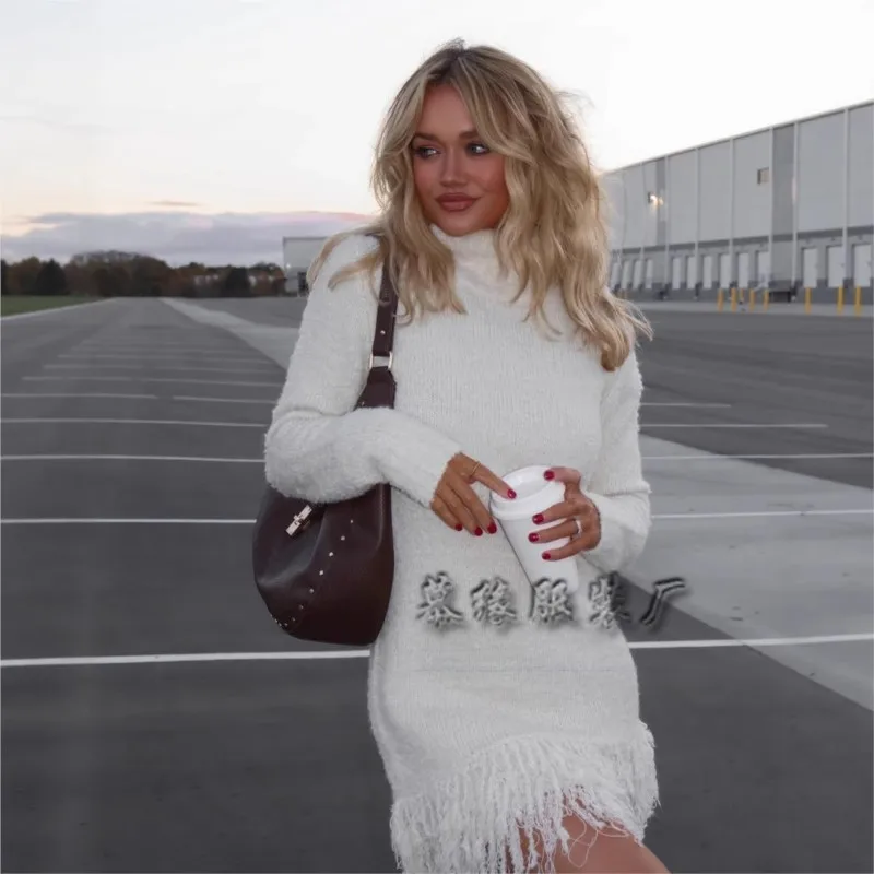 

Knitted Mini Dresses Woman High Neck Vestidos Tassel Sweater Pullovers Femmes Keep Warm Homewear Solid Color Knit Streetwear