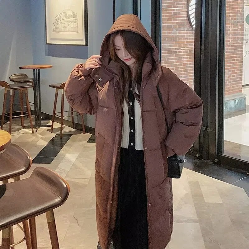 Long Thick Down Cotton-padded Jacket Girls Loose Fashion Solid Color Hooded Students Slim Long Coat