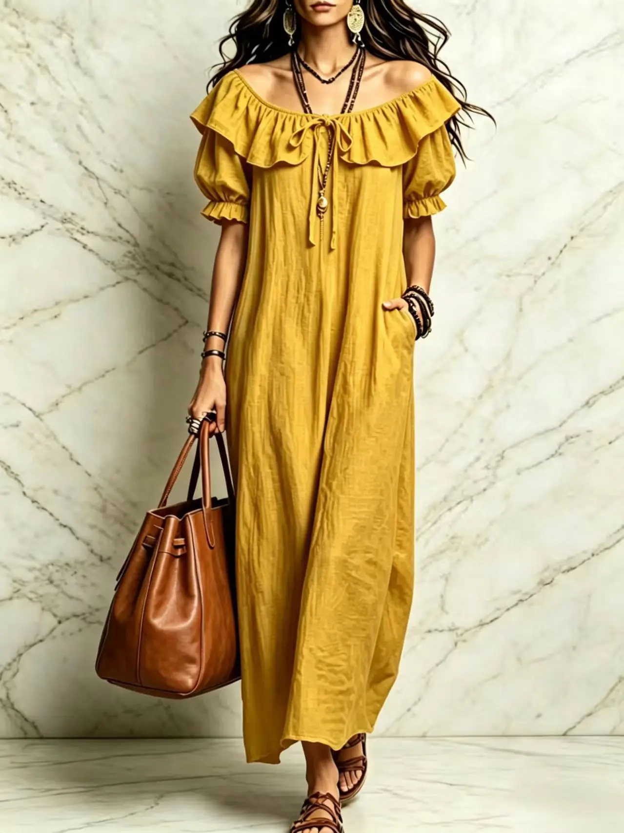 Spring and Summer New Collection: Bohemian, Scalloped-Neck, Long-Sleeved Dress.