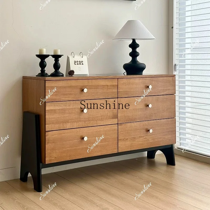 Medieval style six-bucket solid wood retro bedside cabinet, bedroom storage drawer, living room storage against the wall  FT