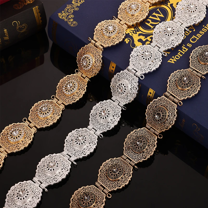 

Morocco Chic Caftan Rhinestones Belts Hollow Flower Desgin Gold Color Waist Chains Arabic Luxury Body Jewelry for Women