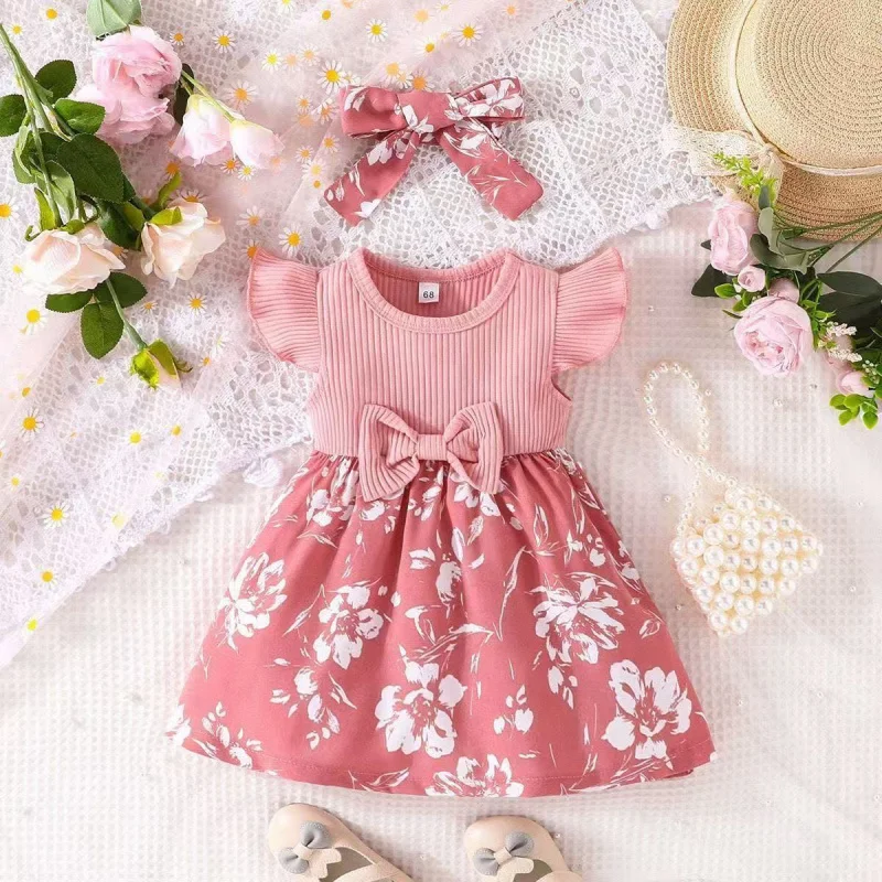 

Sweet little girl's dress with bow and flutter sleeves for childreninsSummer breeze for babies0-2Princess dress