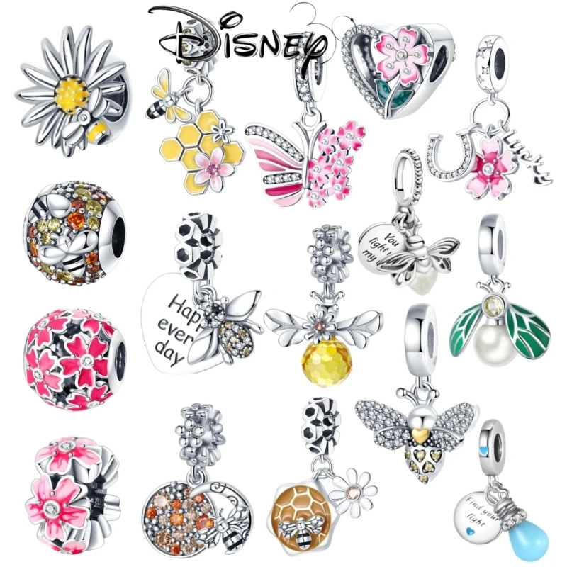 Disney 925 Silver Plated New Bee Flower Butterfly Charm Fit Original Pandora Bracelet Diy Pendant Bead Women Jewelry