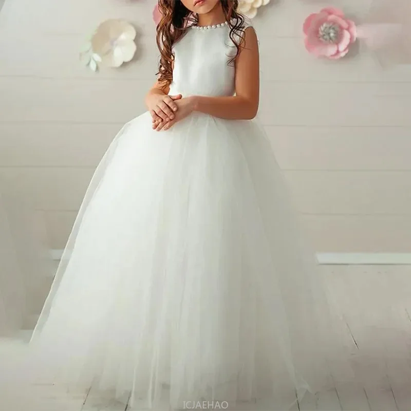 

2025 Girls Pearl Sleeveless Dress Vintage Bow Long Gown Kids Birthday Party Costume Children Formal Princess Outfits Vestido