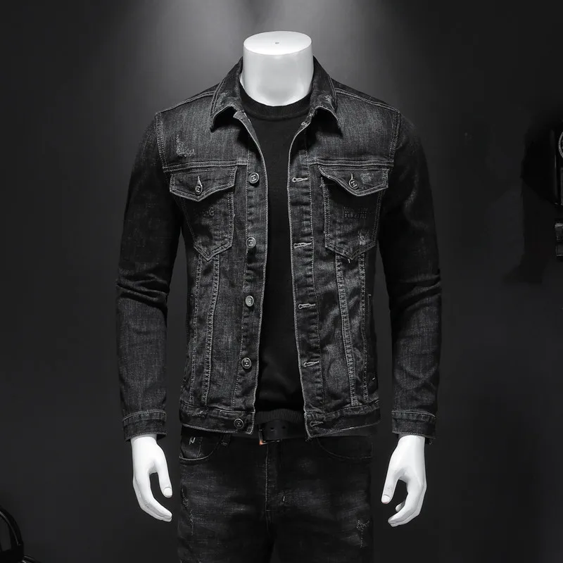 Mens Denim Jacket Moto Biker Outerwear Coats Men Jeans Jacket Black Casual Cotton Turn Down Collar Motorcycle Denim Coats Men