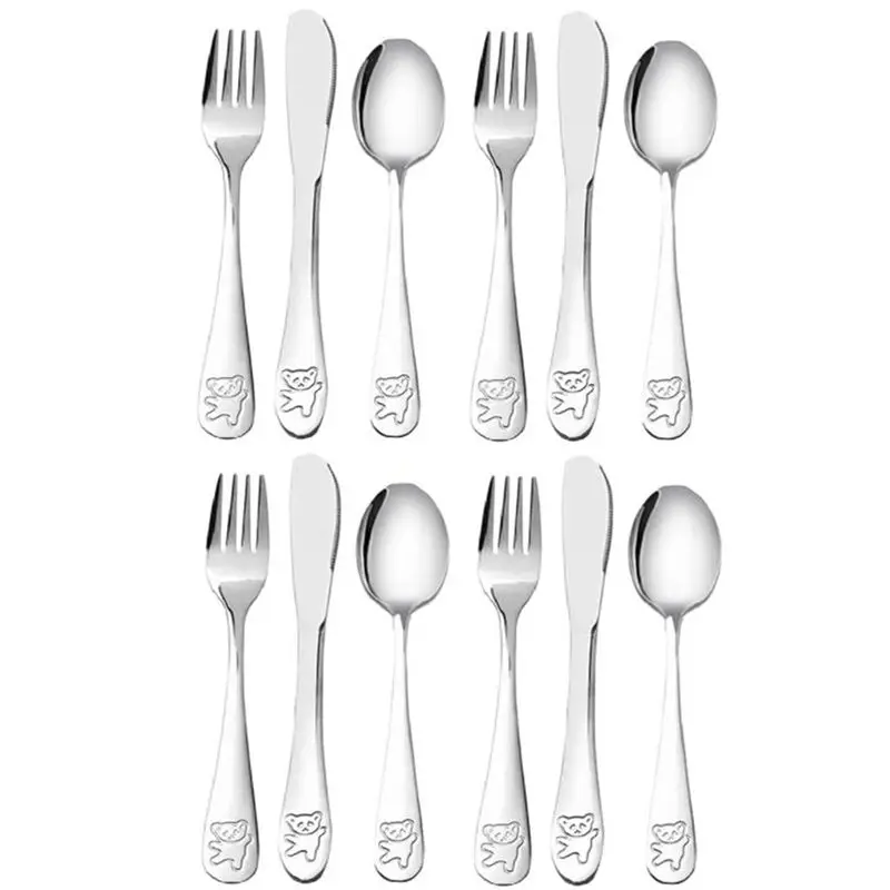 Y50A-24 Pcs Kids Silverware Set Children's Safe Stainless Steel Utensil Little Bear Kids Cutlery Set Metal Toddler Utensils
