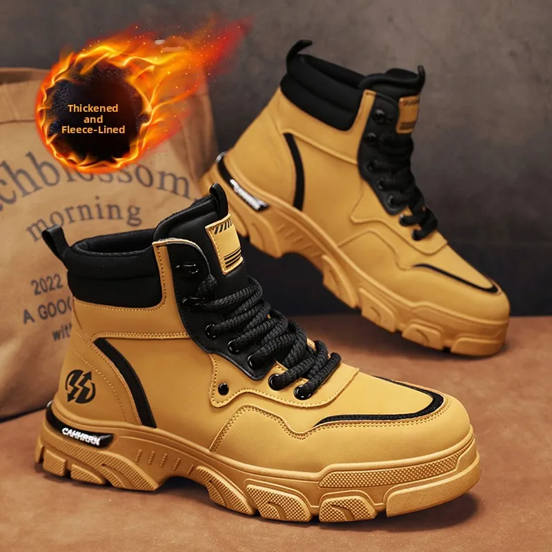 Men's Winter  Boots Fleece Lined High Top Warm Cotton Shoes for Climbing Sports Retro Yellow Boots Thick Bottom Fashion...