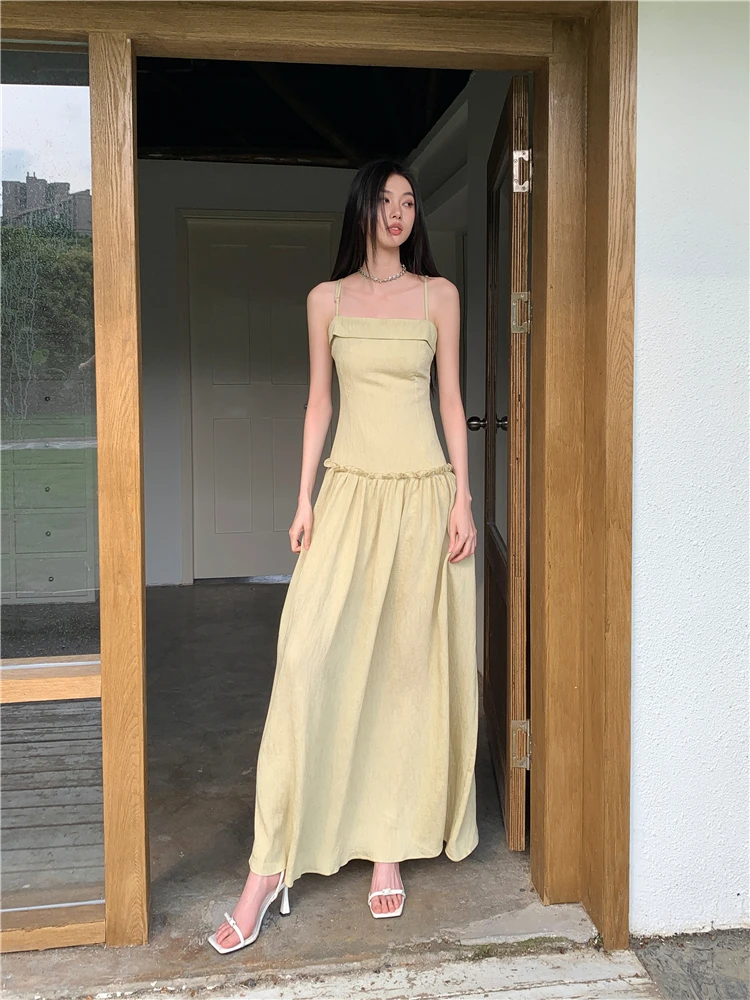 CHEERART Yellow Backless Long Dresses 2024 Women Summer Sundress Tunics A Line Casual Vacation Midi Slip Dress