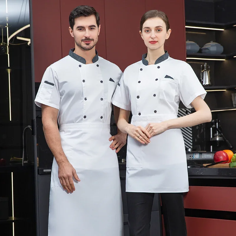 Men Red Chef Coat Logo Long Sleeve Chef Jacket for Summer Apron Head Chef Uniform Restaurant Hotel Kitchen Cooking Clothes