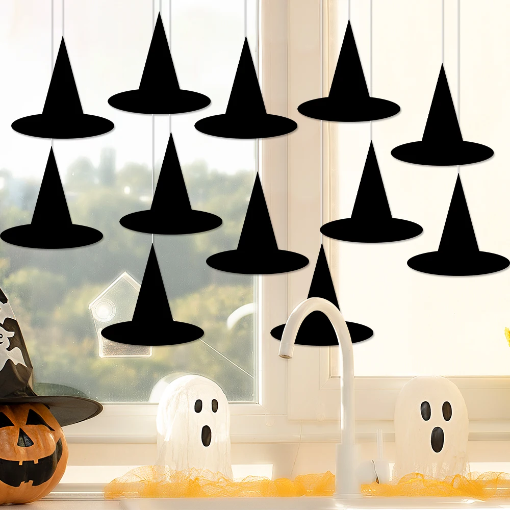 Halloween-Hexenhüte aus schwarzem Papier, Dekorationen zum Aufhängen, Hexen-Zaubererhüte, Halloween-Party, Spukhaus, Outdoor, Hof, Veranda, Dekoration