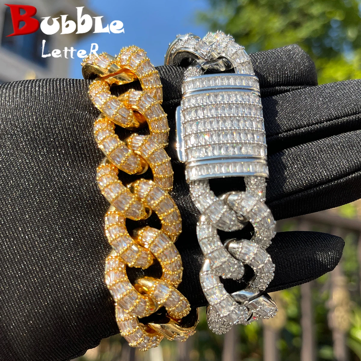 Bubble Letter Baguette Cuban Link Bracelet for Men Iced Out Prong Setting Micro Pave Hip Hop Fashinon  Jewelry Gift