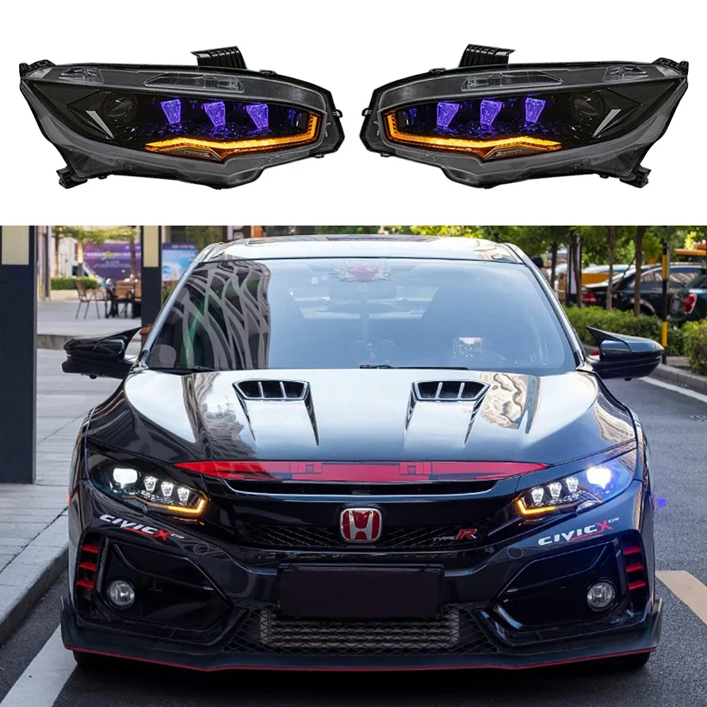 Purple Light Front Headlight Car Modified Light Lamp Assembly For Honda Civic 2016-2021 10 Gen (FK) rotate Lens Headlamp