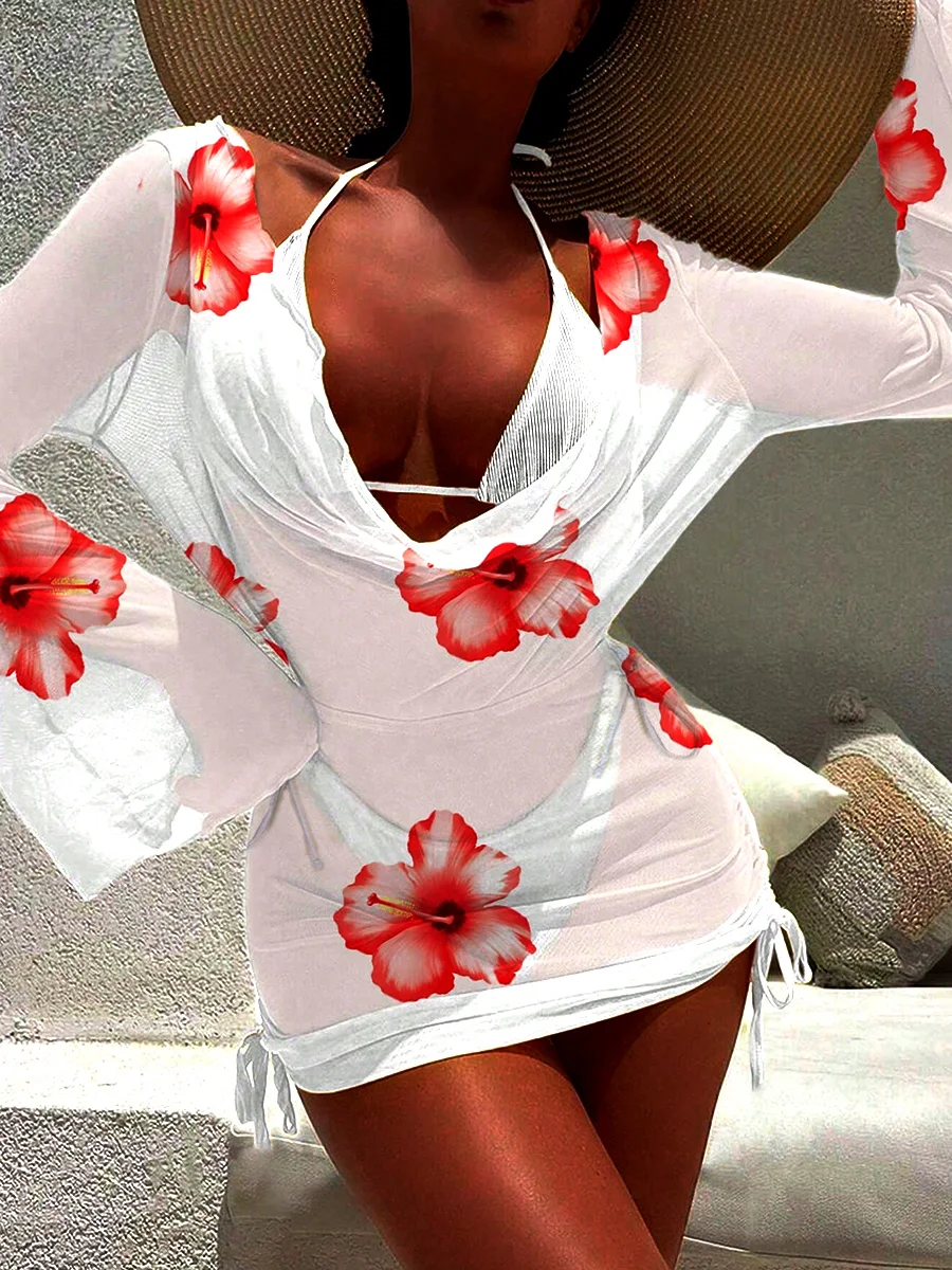 

Mesh Long Sleeve Cover Up Floral Bikini Female Swimsuit Women Swimwear Three-piece Bikini Set Ribbed Bathing Suit Swim Beachwear