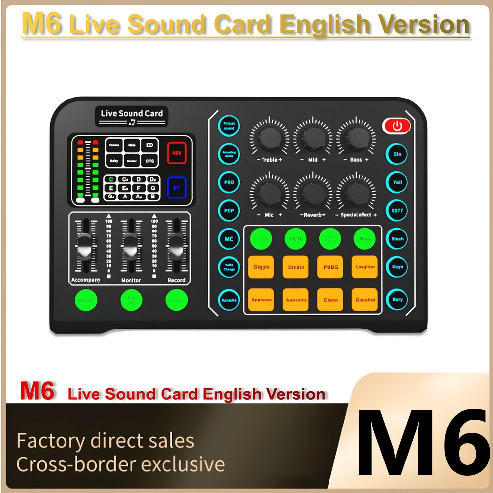 M6 Live Sound Card with Bluetooth Audio Recording Interface RGB Light Mixer Effects Voice Changer Audio Mixer for Live Broadcast