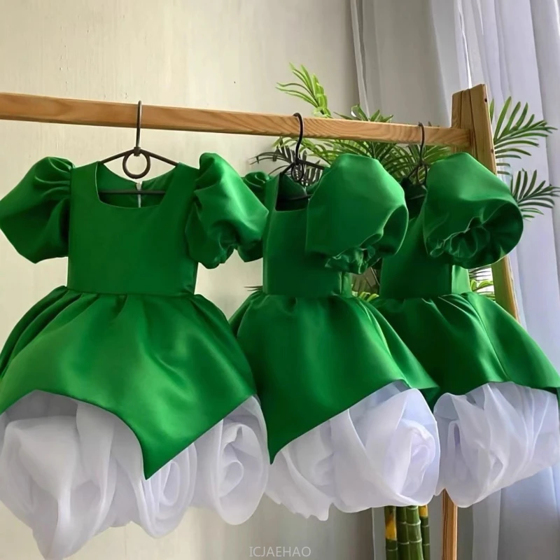 Elegant 3D Floral Dresses New Years Girl Clothes Children Puff Sleeve Vestido Kid Pageant Host Outfit Birthday Costume Dress