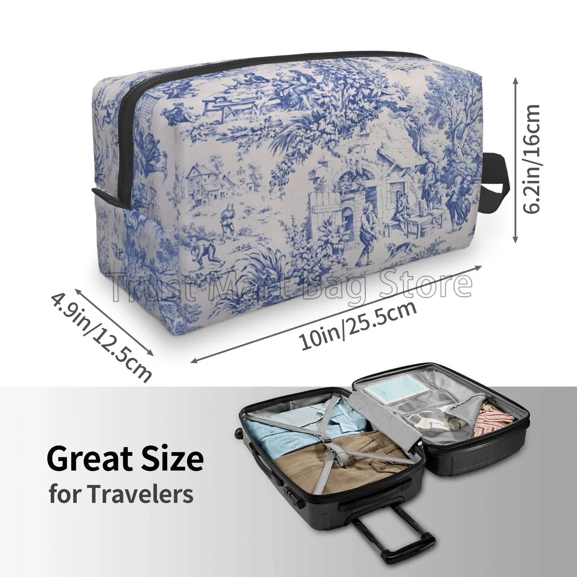 French Toile De Jouy Make Up Organizer Toiletry Pouch Large Waterproof Cosmetic Bag with Zipper Travel Packing Bag for Women