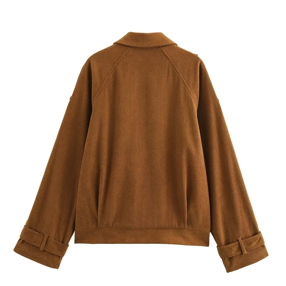 UNIZERA Winter New Product: Flip Collar Long Sleeve Solid Color Tripper Decoration Corduroy Pilot Jacket Coat for Women