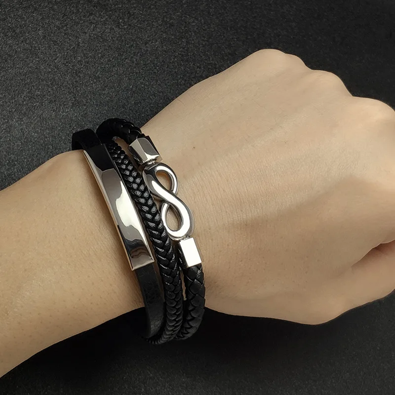Luxury Personalized Name Engraved Man Braided Leather Bracelets Custom High-End Stainless Steel Engraved Couple Bracelets